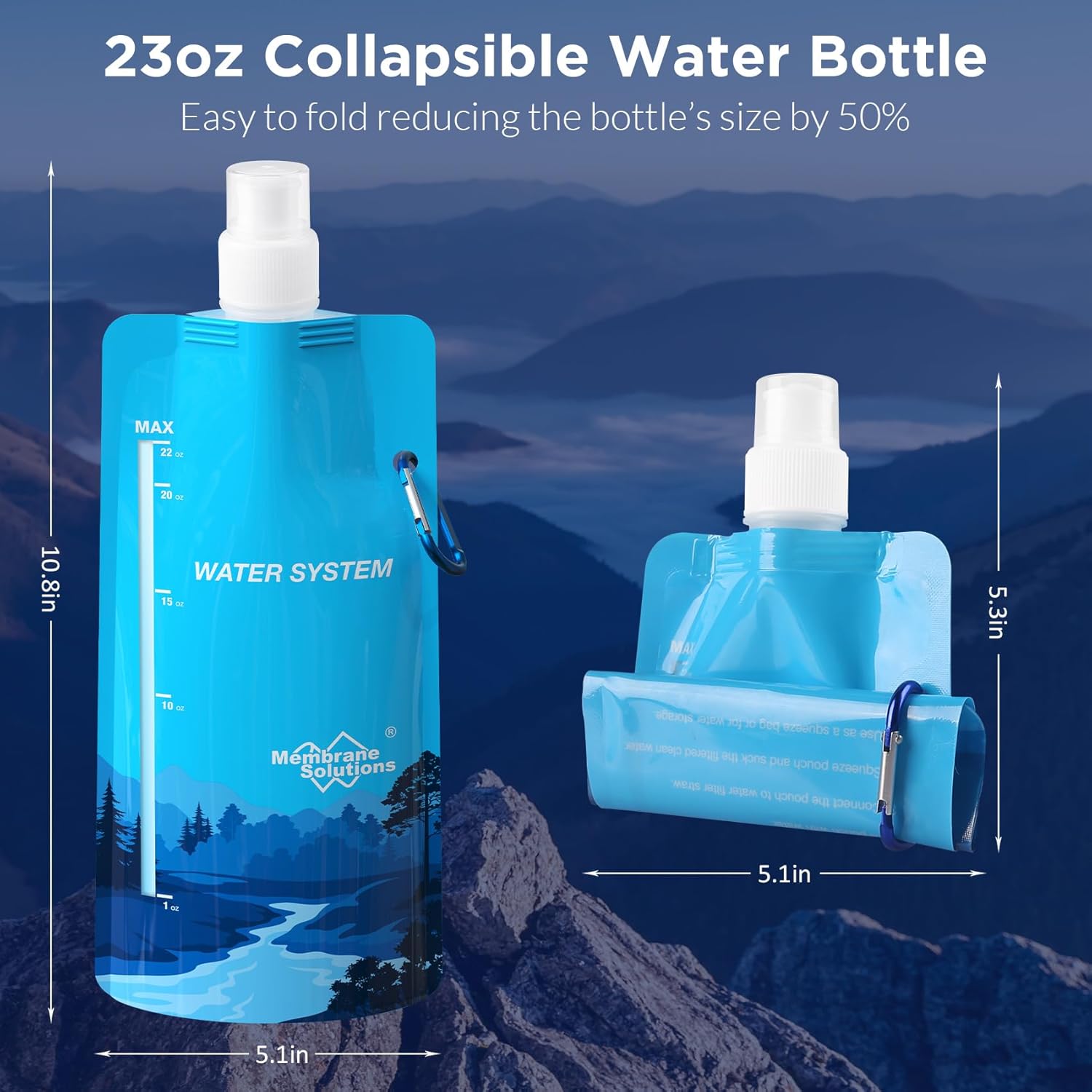 Membrane Solutions Collapsible 23oz Water Bottle with Filter Straw, Reusable Pouch and Carabiner, Foldable Water Container for Hiking, Camping, Travel, Emergency - Image 2