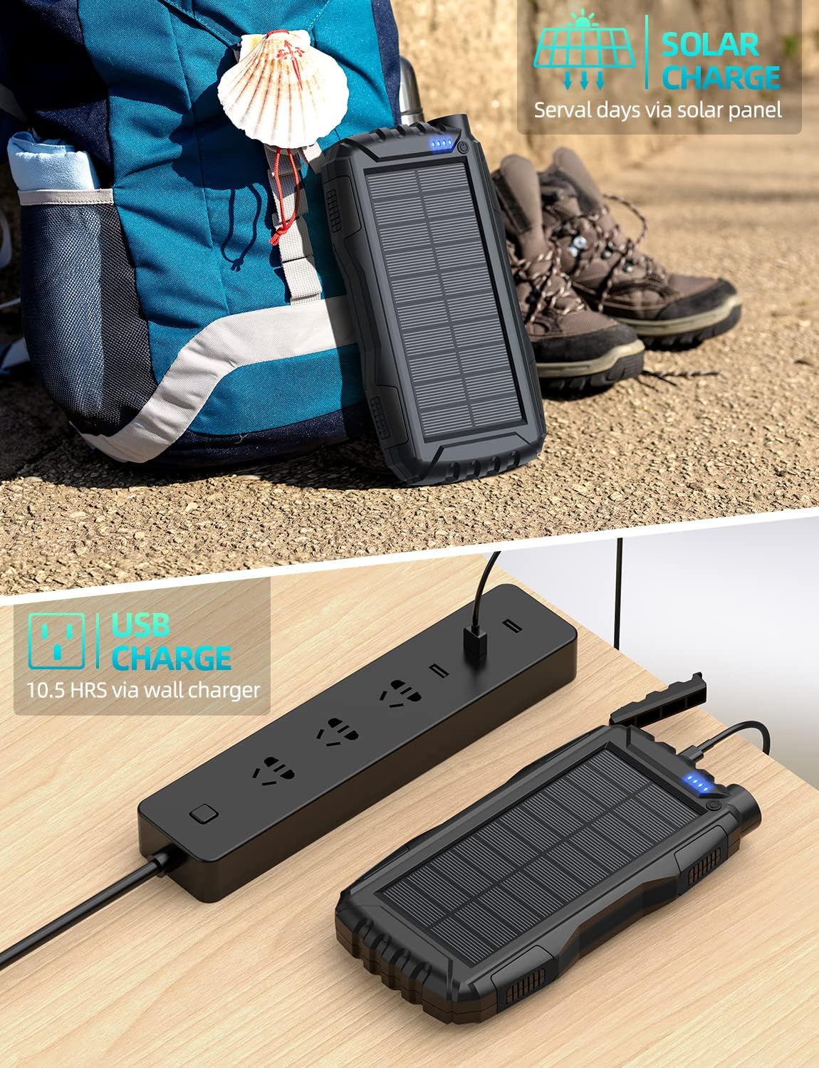 Power-Bank-Solar-Charger - 42800mAh Portable Charger,Solar Power Bank,External Battery Pack 5V3.1A Qc 3.0 Fast Charger Built-in Super Bright Flashlight (Deep Black) - Image 5