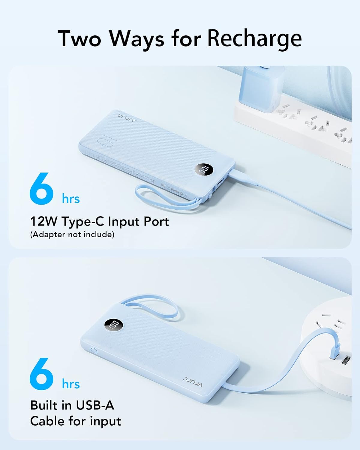 VRURC 10000mAh Power Bank Built-in Cables, Portable Charger with LED Display, Slim Travel Battery Pack with Cords, 5 Output Dual Input Phone Charger for Cell Phone Smart Devcies-Blue(1 Pack) - Image 6