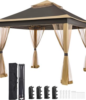 Yaheetech 11x11 Pop Up Gazebo Outdoor Canopy Shelter, Instant Patio Gazebo Sun Shade Canopy Tent with 4 Sandbags, 2 Tiers Roof & Mesh Netting for Lawn, Garden, Backyard & Deck, Brown